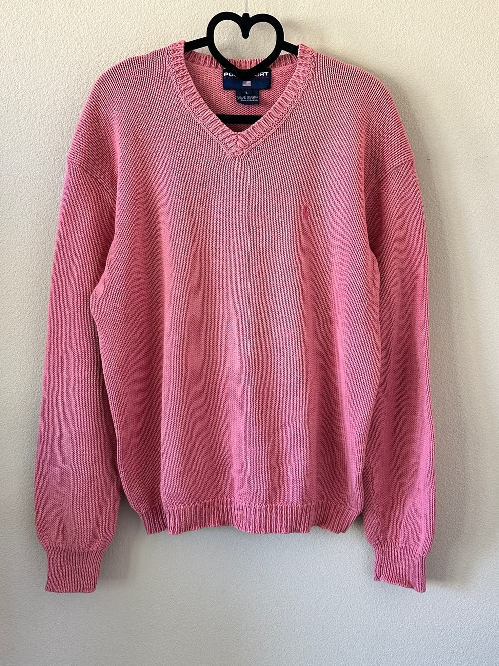 Polo Sport by Ralph Lauren 90’s Vintage Pink Knit V-Neck Cotton Sweater Size L